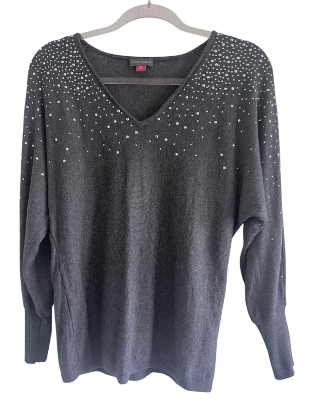 Vince Camuto V-Neck Gray Sweater with Silver Studs